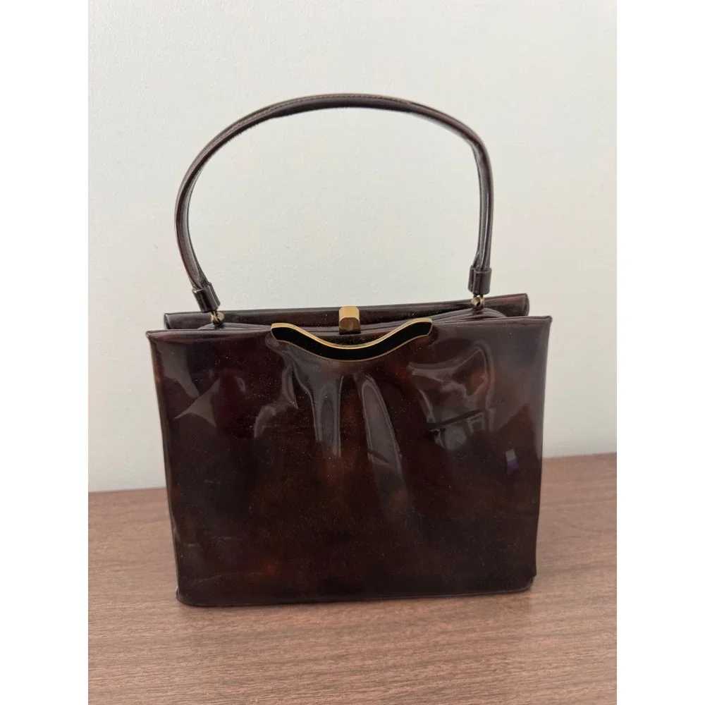 Vintage Lewis Tortoise Shell Patent Leather Handbag 1950s 60s Top Handle Bag